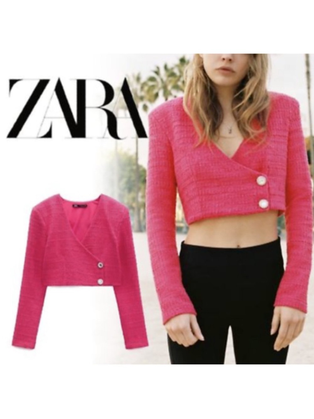 Zara Bright Pink Cropped V‑Neck Knit blazer jacket